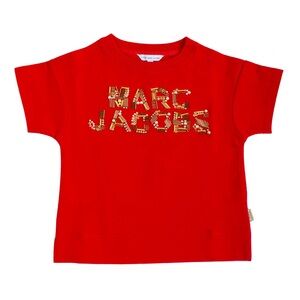 Little Marc Jacobs red and gold studded beaded logo T-shirt